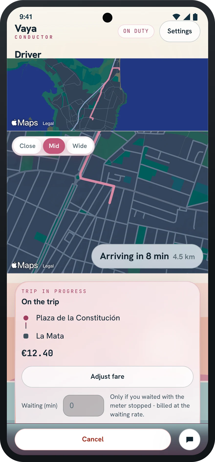 Driver trip screen on an Android phone: route, fare and adjust-fare button
