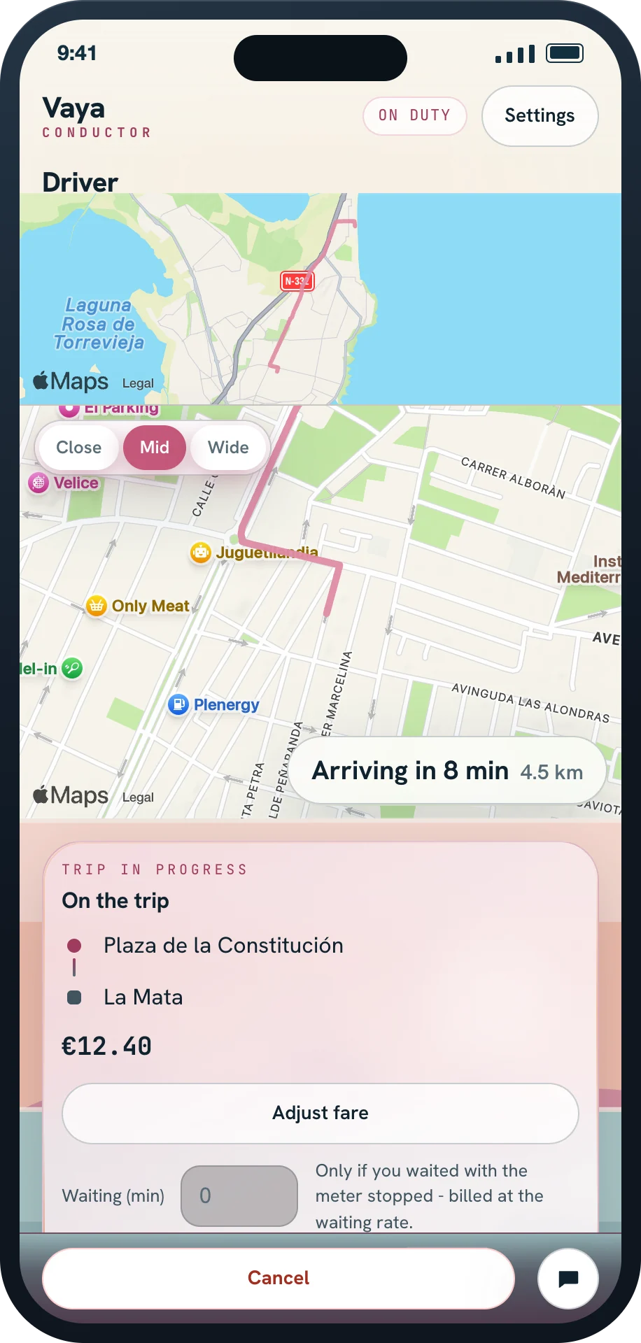 Driver trip screen with route, fare and adjust-fare button