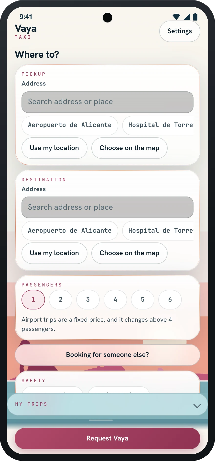 Rider booking screen on an Android phone: pick-up, destination and passengers