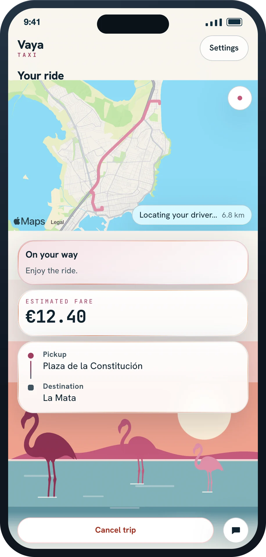 Vaya on a phone: the ride on a live map with a €12.40 fare estimate